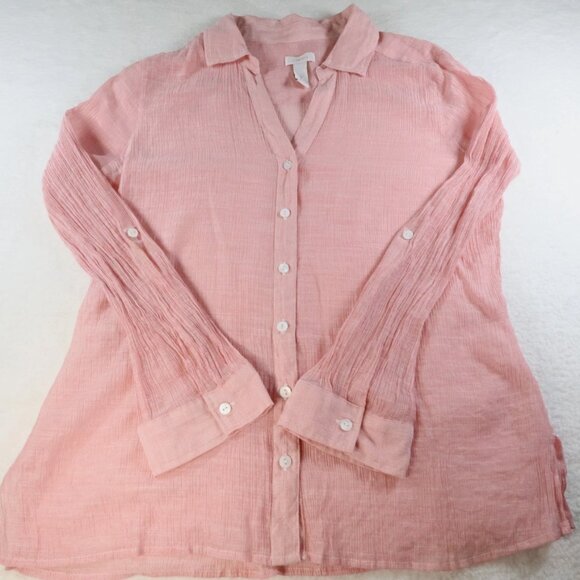 Chico's Tops - Chicos Shirt Womens 1 US Medium Pink 100% Linen Gauzy Button Up Long Sleeves